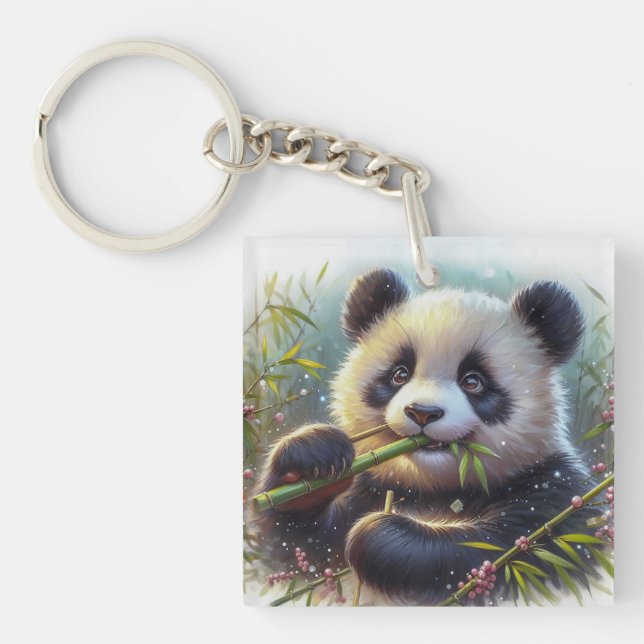 Adorable Panda Bären essen Bambus Schlüsselanhänger (Vorderseite)