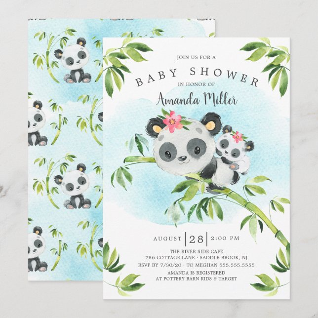 Adorable Panda Bear Girls Babydusche Einladung (Vorne/Hinten)