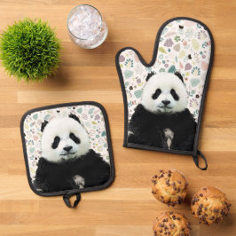 Adorable Panda Bear Tiername Hübsches Muster Ofenhandschuh & Topflappen-Set