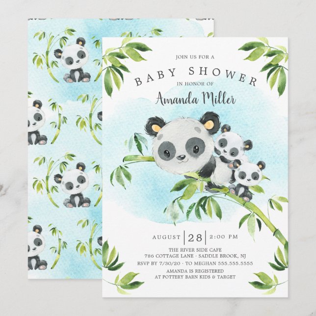 Adorable Panda Bears Twins Baby Dusche Einladung (Vorne/Hinten)