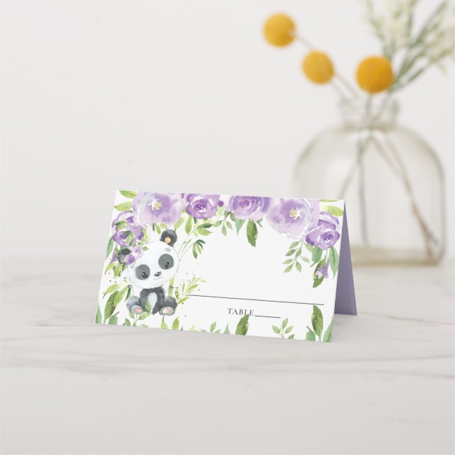 Adorable Panda Lila Blumengrün Babydusche Platzkarte (Vorderseite)