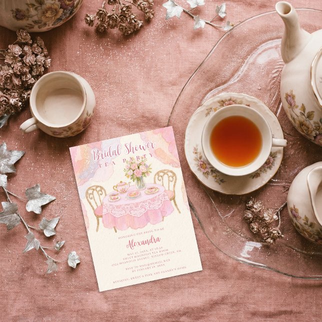 Adorable Pastel Pink Tea Party Bridal Shower Einladung (Adorable Pastel Tea Party Illustration Invitation Card Design for Bridal Shower in Pink Tones.)