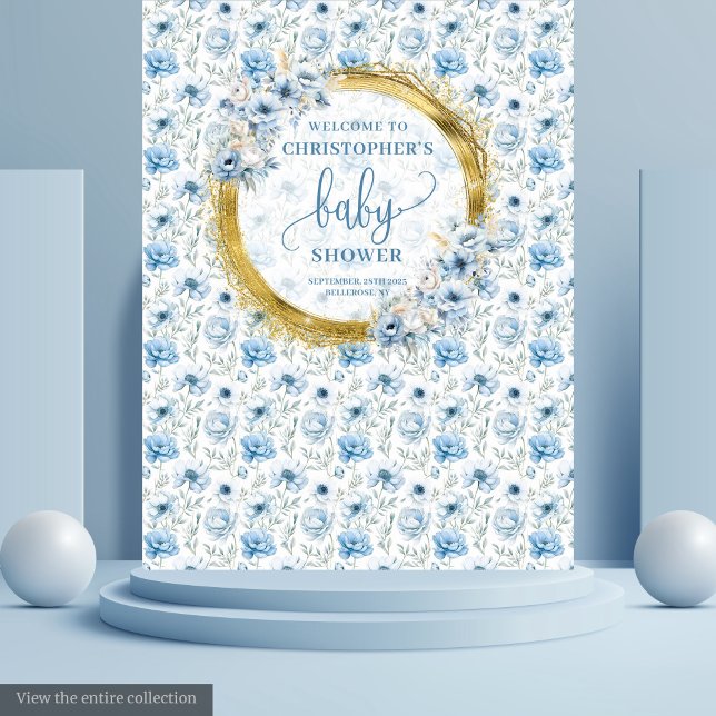 Adorable pastellblaue Blumen Gold Babydusche Wandteppich (Adorable pastel blue flowers gold baby shower Tapestry)