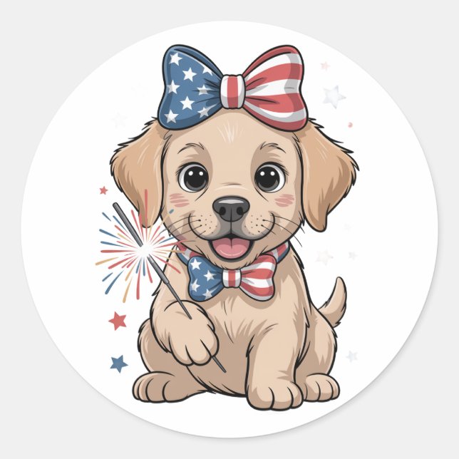 Adorable Patriotic Welpe 4. Juli Feier Runder Aufkleber (Vorderseite)