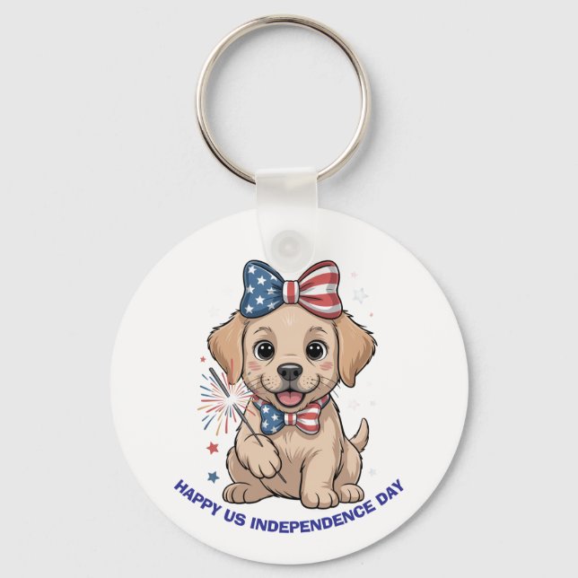 Adorable Patriotic Welpe 4. Juli Feier Schlüsselanhänger (Vorderseite)