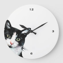 Adorable Peeking Cat Black and White Clock Große Wanduhr