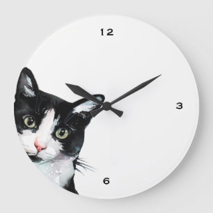 Adorable Peeking Cat noir et blanc Horloge