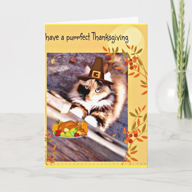 Adorable Pèlerin Chat Thanksgiving carte de voeux (Devant)