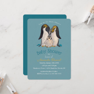 Adorable Penguin Family Baby shower Invitation