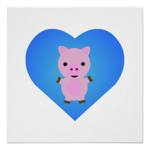 Adorable Pig mit einem blauen Herz im Hintergrund Poster