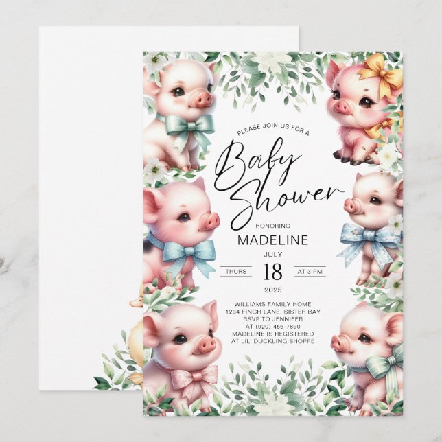 Adorable Pigs Greenery Kinderdusche Einladung (Vorne/Hinten)