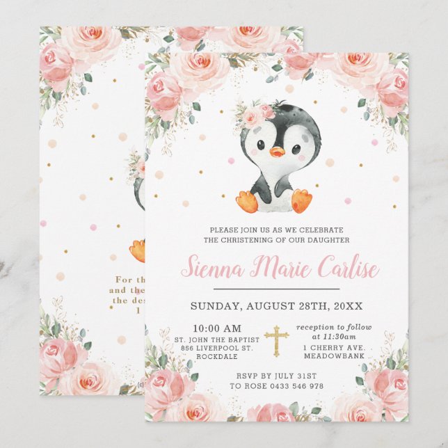 Adorable Pinguin Blush Floral Girening Einladung (Vorne/Hinten)
