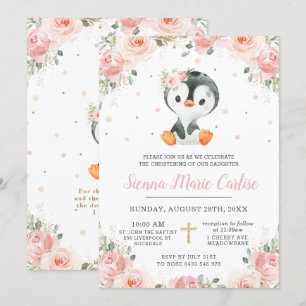 Adorable Pinguin Blush Floral Girening Einladung
