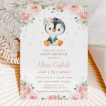 Adorable Pinguin Blush Floral Girl Babydusche