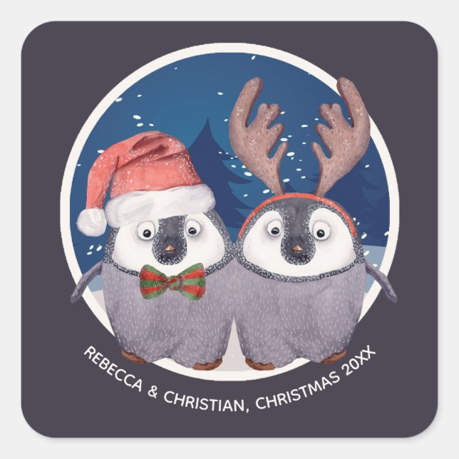 Adorable Pinguin Couple Weihnachten Quadratischer Aufkleber (Vorderseite)