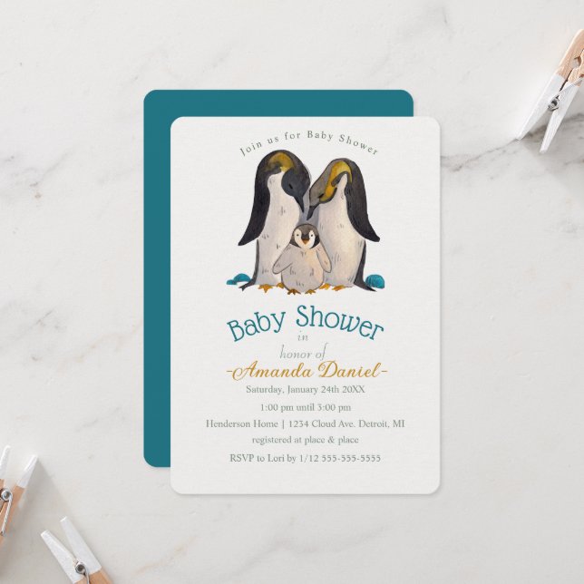 Adorable Pinguin Familiendusche Einladung (Vorderseite/Rückseite Beispiel)