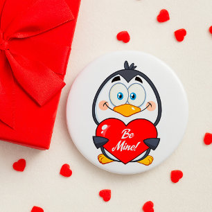 Adorable Pinguin Holding Be Mine Herz Button