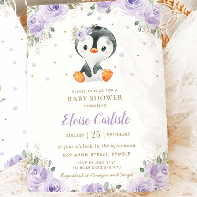 Adorable Pinguin Lila florale Girl Babydusche Einladung (Von Creator hochgeladen)
