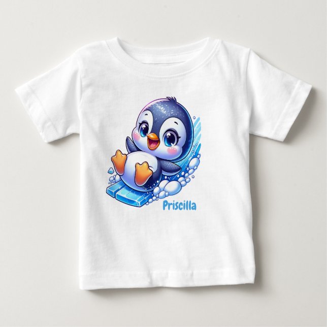 Adorable Pinguin Sliding on Ice Baby T-shirt (Vorderseite)