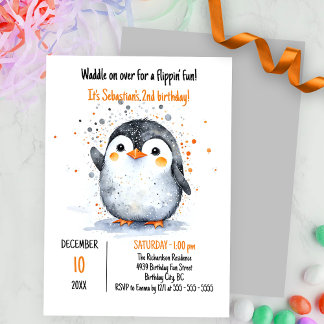Adorable Pinguin und festliche Orange Brown Confet Einladung