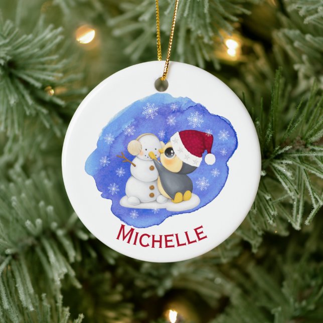 Adorable Pinguin und Snowman Name Keramik Ornament (Baum)
