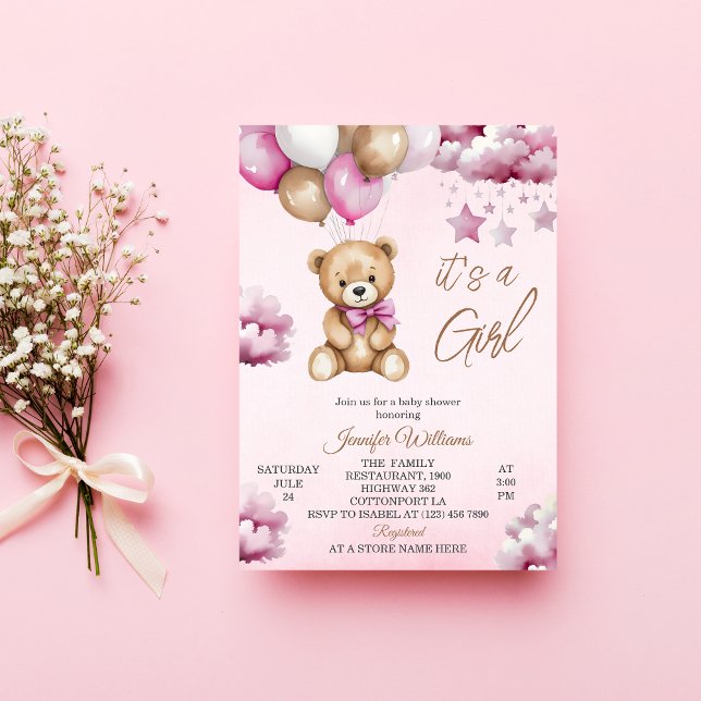 Adorable Pink Balloons Teddy Girl Babydusche Einladung (Von Creator hochgeladen)