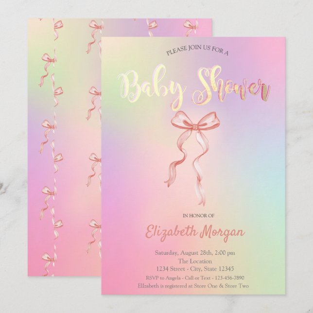 Adorable Pink Bow Holographic Baby Dusche Einladung (Vorne/Hinten)