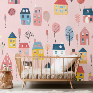 "Adorable Pink City Houses Tapete