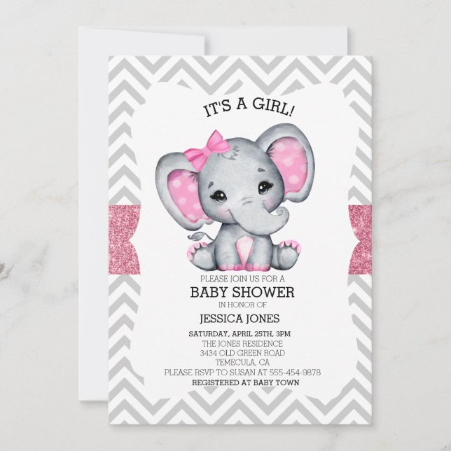 Adorable Pink Elephant Zickzack Glitzer Kinderdusc Einladung (Vorderseite)