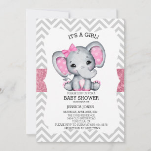 Adorable Pink Elephant Zickzack Glitzer Kinderdusc Einladung