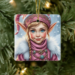 Adorable Pink Elf Feierliche Weihnachten Keramikornament