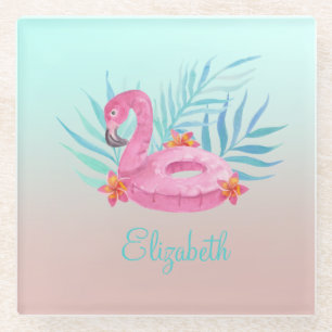 Adorable Pink Flamingo Palm Blätter Glasuntersetzer