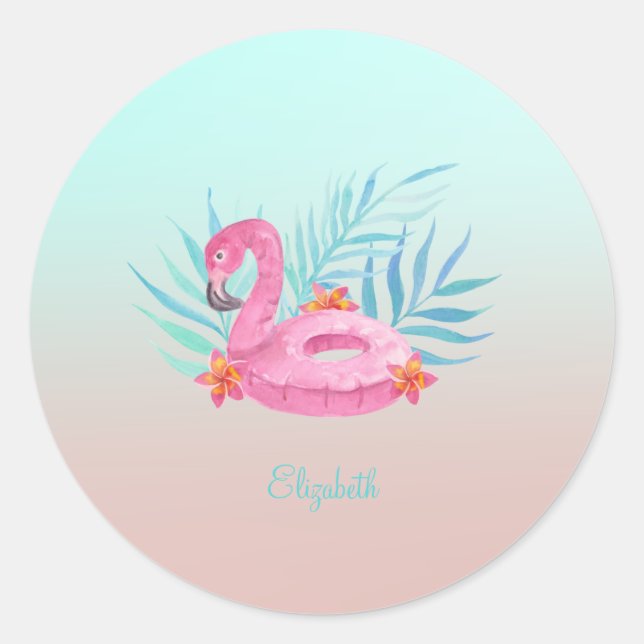 Adorable Pink Flamingo Palm Blätter Runder Aufkleber (Vorderseite)