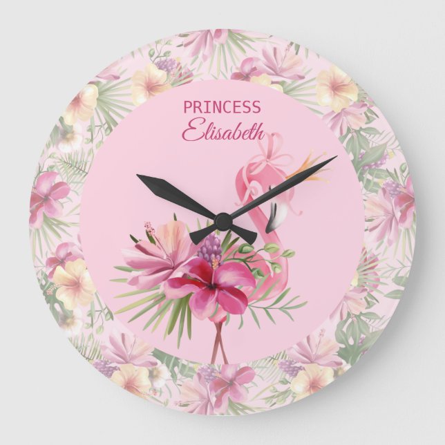 Adorable Pink Floral Flamingo Große Wanduhr (Vorderseite)