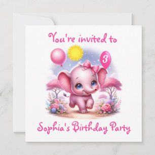 Adorable Pink Geburtstagselefone mit Balloons Einladung