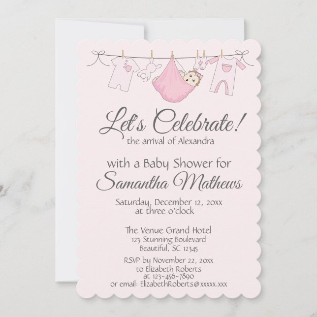 Adorable Pink & Gray Baby Girl Dusche Einladung (Vorderseite)