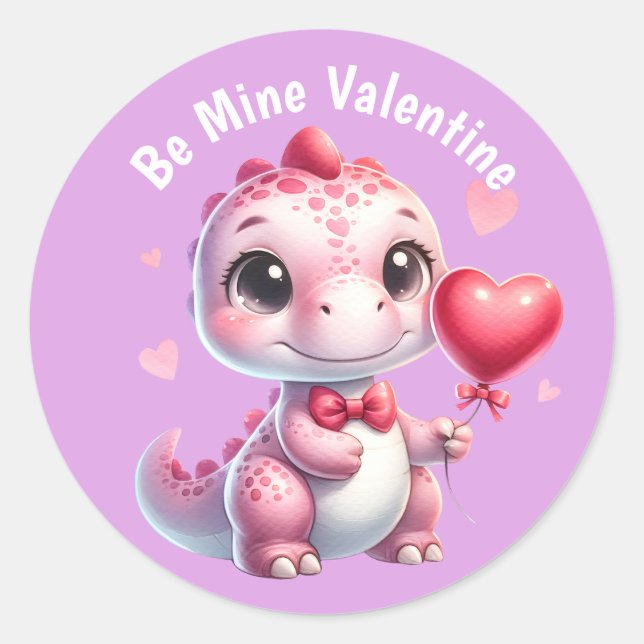 Adorable Pink Heart Ballon Dinosaurier Valentine Runder Aufkleber (Vorderseite)