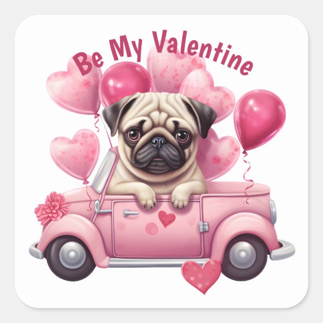 Adorable Pink Heart Ballon Mops Auto Valentine Quadratischer Aufkleber (Vorderseite)