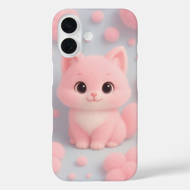 Adorable Pink Kitten mit flauschigen Pom-Poms iPhone 16 Hülle (Rückseite)