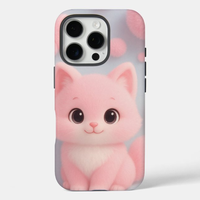 Adorable Pink Kitten mit flauschigen Pom-Poms iPhone 16 Pro Hülle (Rückseite)