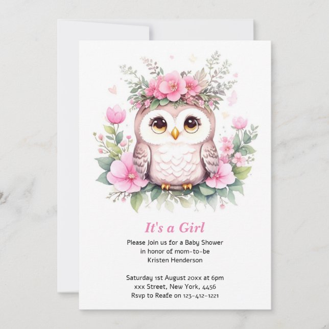 Adorable Pink Owl Girl Babydusche Einladung (Vorderseite)