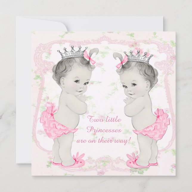 Adorable Pink Princess Twin Baby Dusche Einladung (Vorderseite)