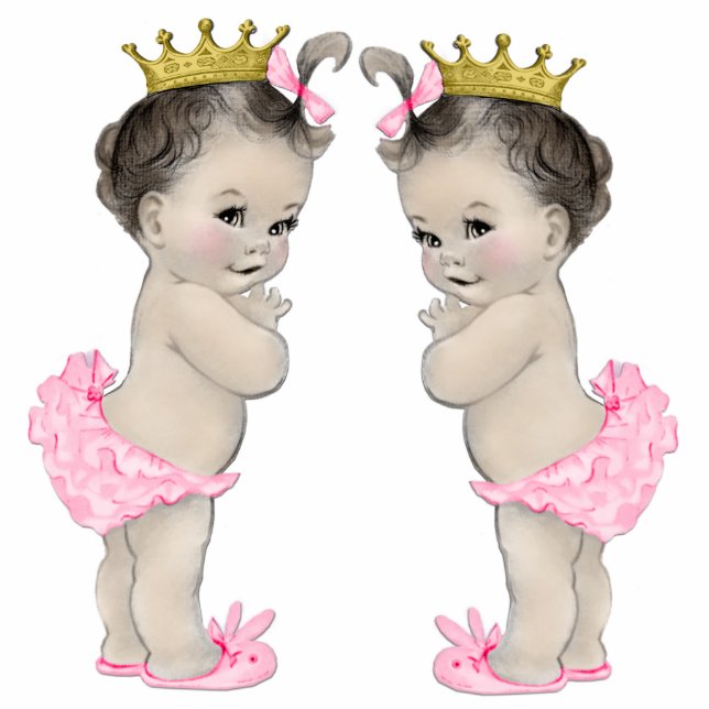 Adorable Pink Twin Baby Girl Dusche Dekorationen Freistehende Fotoskulptur (Vorne)