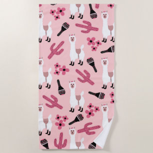 Adorable Pink White Llama Maraca Cactus Floral Strandtuch