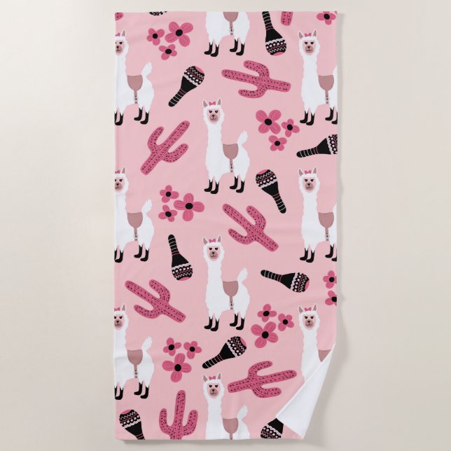 Adorable Pink White Llama Maraca Cactus Floral Strandtuch (Vorderseite)
