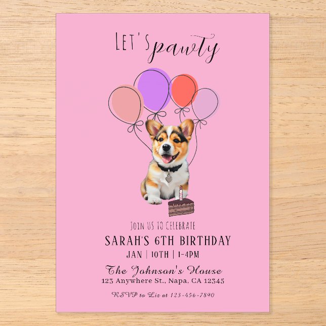 Adorable Playful Pink Corgi Birthday Customizable Acryleinladungen (Vorderseite)