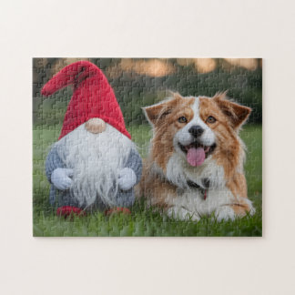 Adorable Plush Gnome and Fluffy Dog Lying in Grass