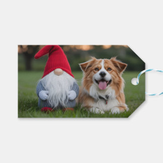 Adorable Plush Gnome and Fluffy Dog Lying in Grass Geschenkanhänger