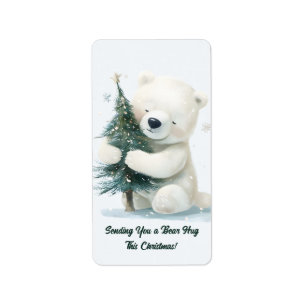 Adorable Polar Bär umarmt Weihnachtsbaum, Niedlich Adressaufkleber
