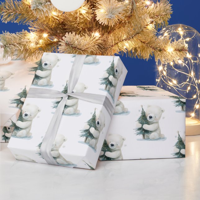 Adorable Polar Bär umarmt Weihnachtsbaum, Niedlich Geschenkpapier (Feiertage)